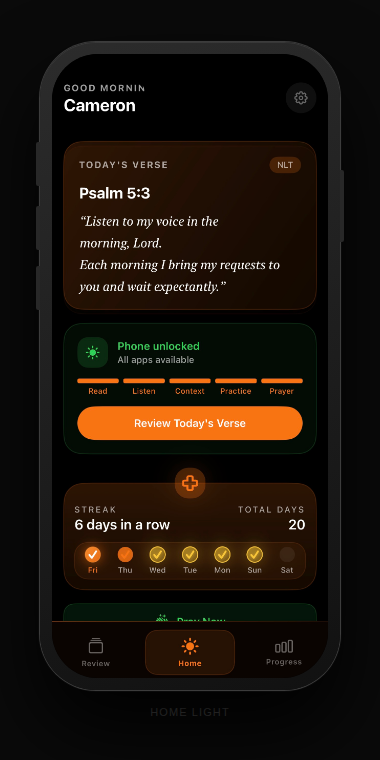 Before Home screen with today's verse and daily steps