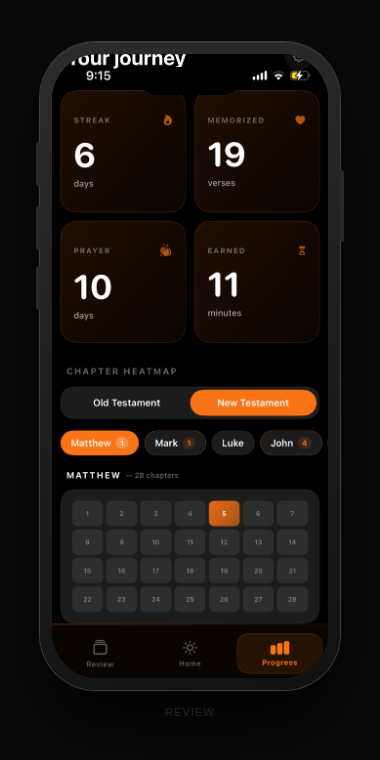 Before Progress screen with chapter heatmap